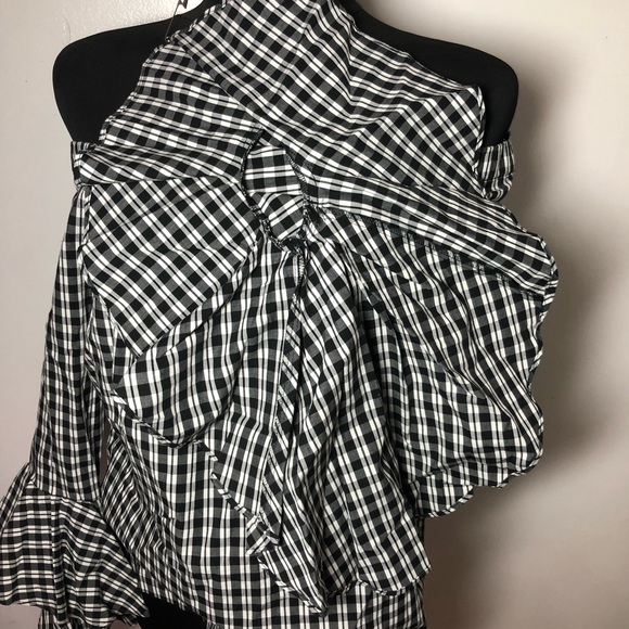 Nordstrom 1. State Off Shoulder Blouse black Checkered Size Medium Bell Sleeves - Picture 5 of 9